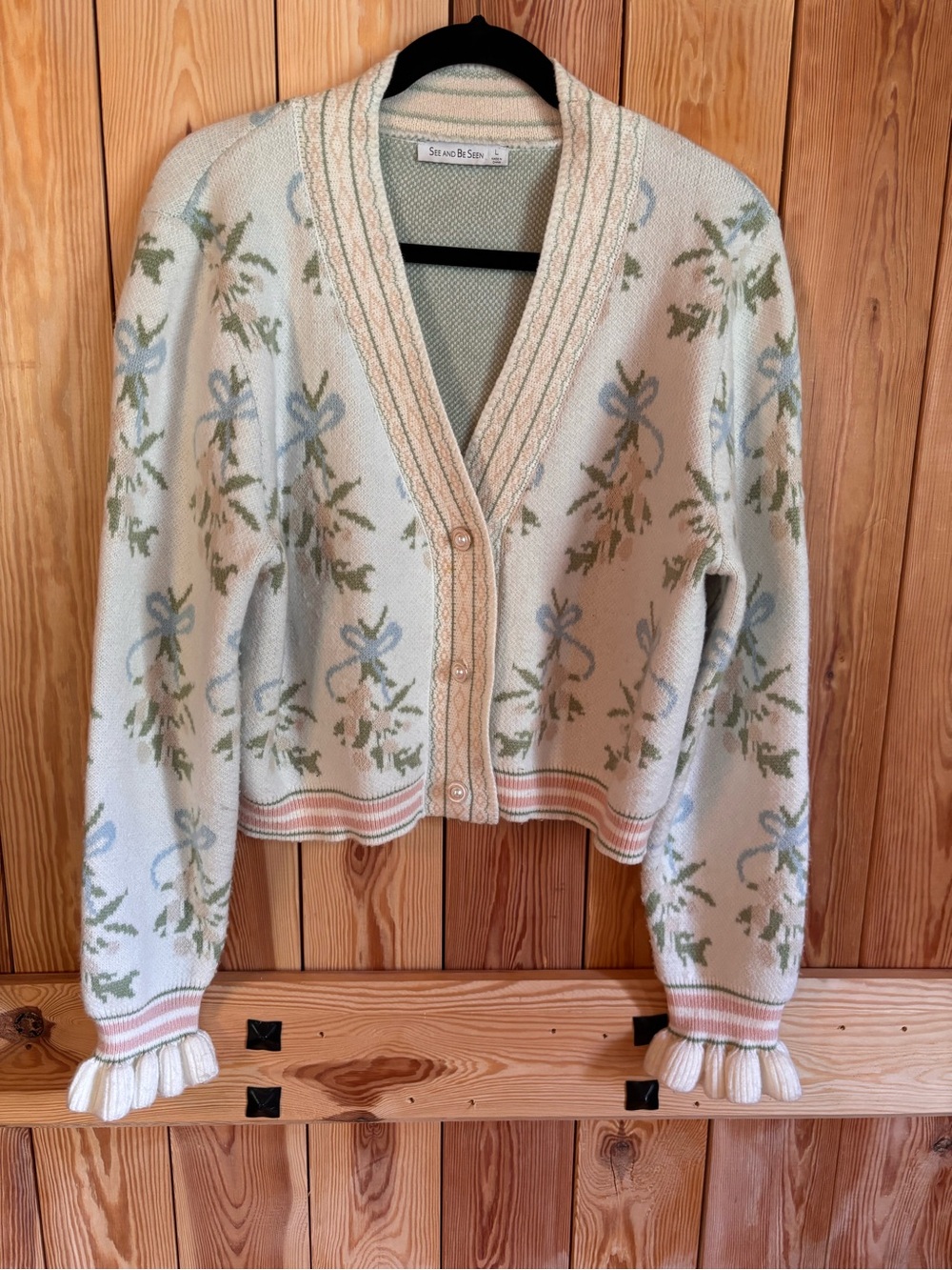 Sea And Sky Cream Floral Bow-Print Cardigan Sweater